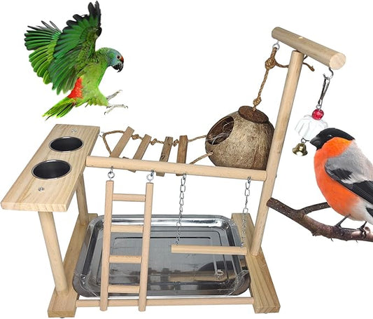 Parrots Playground Bird Play Stand Natural Wood Perch Gym Parakeet Nest Climb Swing Ladders with Feeder Cups Ladders Lovebirds Cage Accessories Toy Exercise Activity for Conure Cockatiel Lovebirds