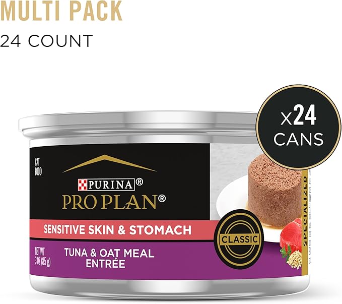 Purina Pro Plan Sensitive Skin and Stomach Cat Food, Tuna and Oat Meal Entree - (Pack of 24) 3 oz. Cans