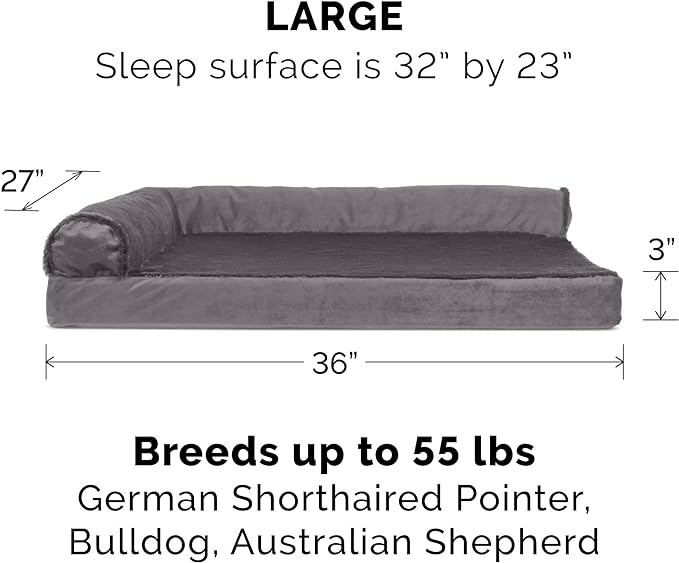 Furhaven Memory Foam Dog Bed for Large/Medium Dogs w/ Removable Bolsters & Washable Cover, For Dogs Up to 55 lbs - Plush & Velvet L Shaped Chaise - Platinum Gray, Large