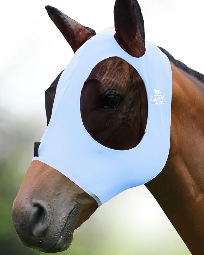 Harrison Howard Super Comfort Stretchy Fly Mask Large Eye Space with UV Protection Soft on Skin with Breathability ICY Blue XL Extra Full Size