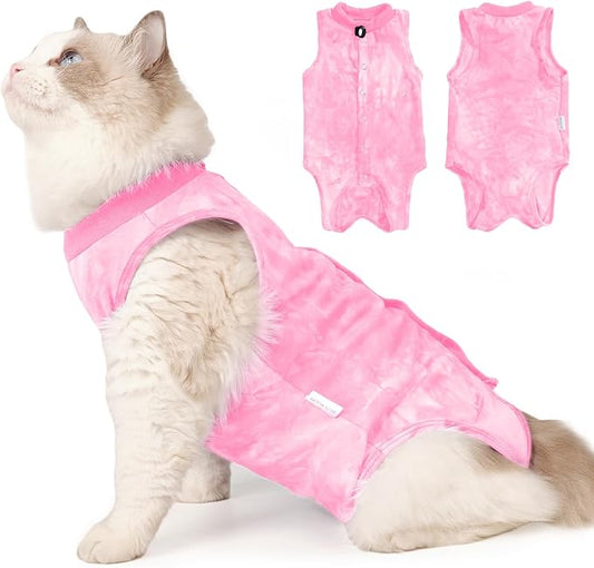 Cat Recovery Suit for Male and Female Surgical Post Surgery Soft Cone Onesie Tie Dye Cats Shirt Clothes Neuter Licking Protective Diapers Outfit Cover Kitten Spay Collar Alternative(Pink, L)