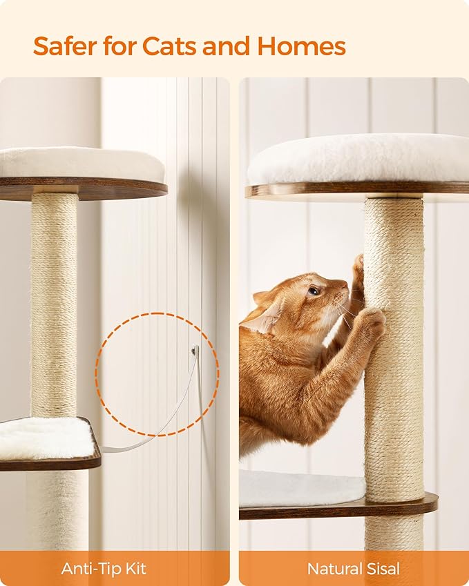 Feandrea WoodyWonders Cat Tree, 65-Inch Modern Cat Tower for Indoor Cats, Multi-Level Cat Condo with 5 Scratching Posts, Perch, Washable Removable Cushions, Cat Furniture, Rustic Brown UPCT166X01