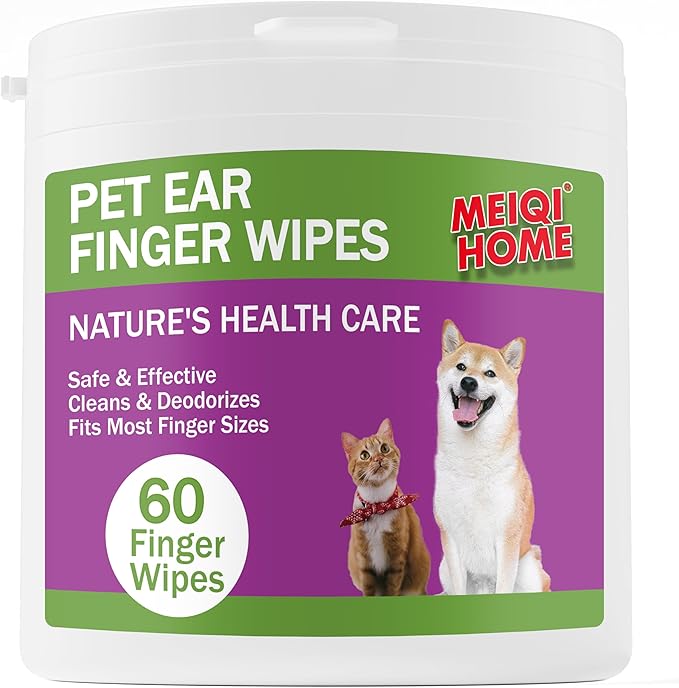 MEIQIHOME 60 Count Dog Ear Wipes Finger - Gently Remove Ear Wax, Debris - Sooths & Deodorizes -Disposable Gentle Cleaning,Cat Ear Cleaner,Dog Ear Cleaner，Pet Ear Cleaning Finger Wipes,Dog Ear Wipes