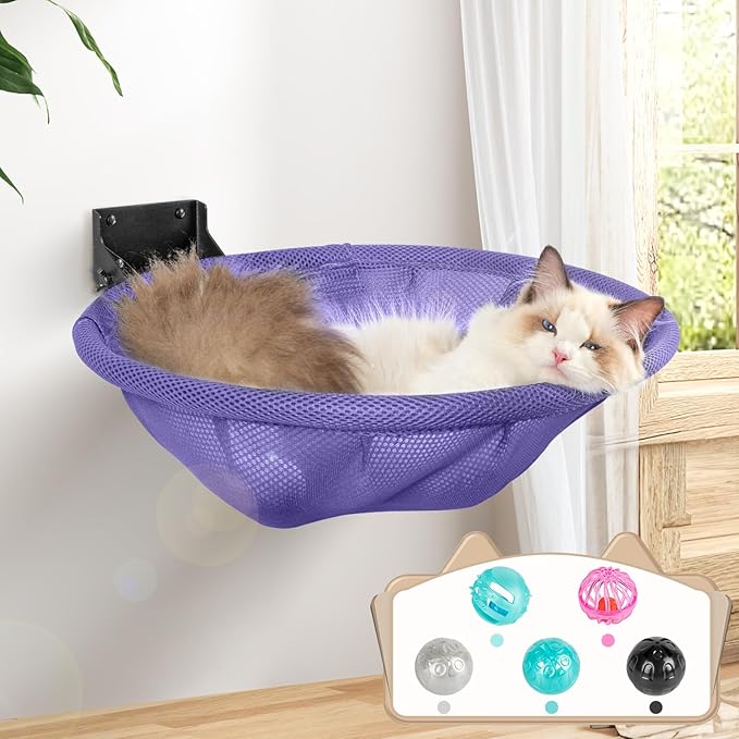 Cat Hammock Wall Mounted, Foldable & Stable Cat Beds- Breathable Cat Wall Shelves for Sleeping, Playing, Climbing, and Lounging - Maximum Hold Up to 30lb (Purple)