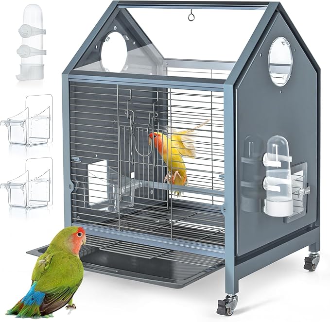 Acrylic Bird Cage, 25 inch Medium Parrot Cage for Parakeet Cockatiel Conure Lovebird, Panoramic View Bird Cage with Water Bottle Bird Feeder Perch Rolling Stand