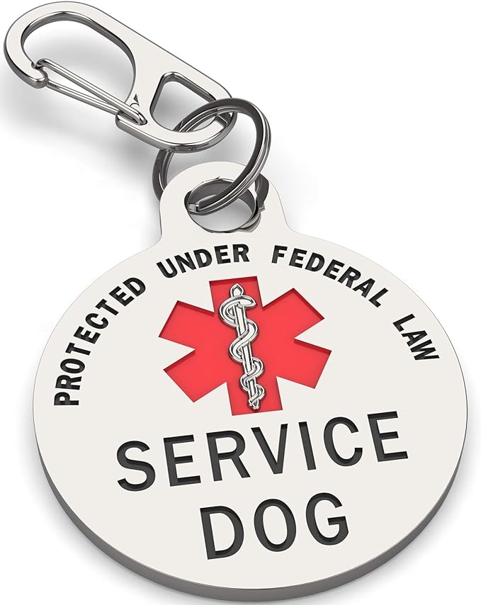 Service Dog Tag Double Sided Federal Protection with Red Medical Alert Symbol Pet ID Tags 1.25 inch. Easily attach to Collar Harness Vest Dog Service Tag