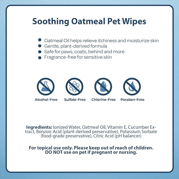 Best Pet Supplies 8" x 9" Pet Grooming Wipes for Dogs & Cats, 100 Pack, Plant-Based Deodorizer for Coats & Dry, Itchy, or Sensitive Skin, Clean Ears, Paws, & Butt - Soothing Oatmeal (Unscented)