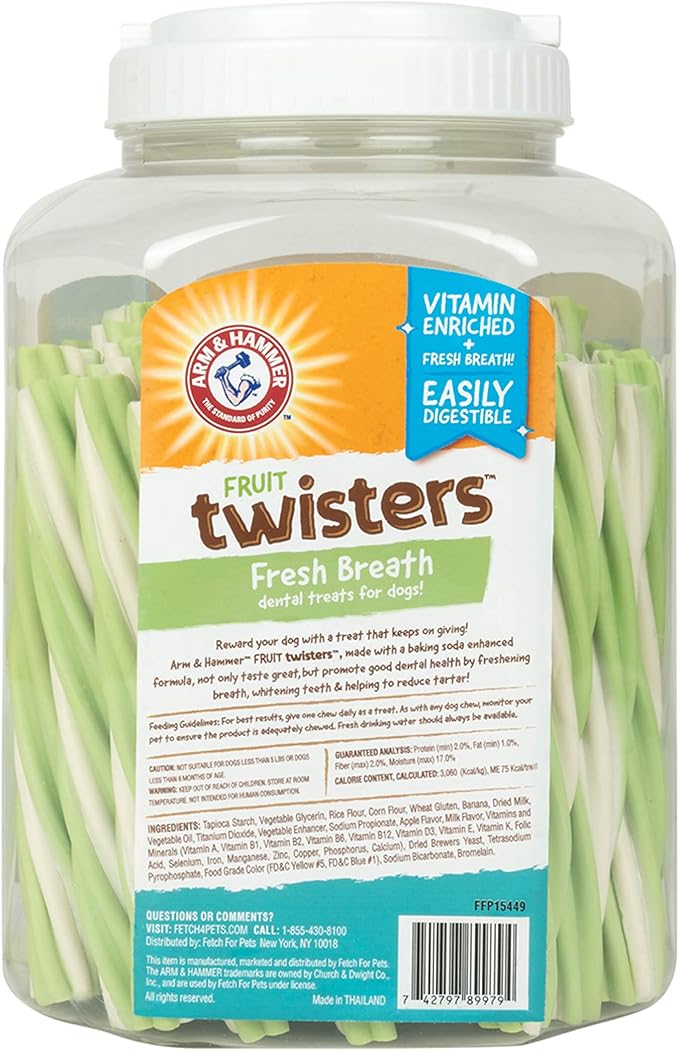 Arm & Hammer Fruit Twisters Dental Treats for Dogs, Value Pack Bucket 57 Pieces | Green Apple Flavored Dog Dental Chews Fight Bad Breath, Plaque & Tartar Without Brushing for Dog Dental Care