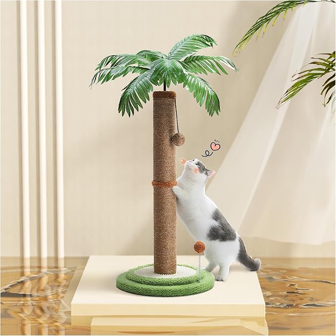 PETEPELA Cat Scratching Post, 33" Tall Cat Scratcher for Large Cats with Interactive Balls& 100% Sisal Covered Kitten Scratch Posts for Indoor Cats(Brown)