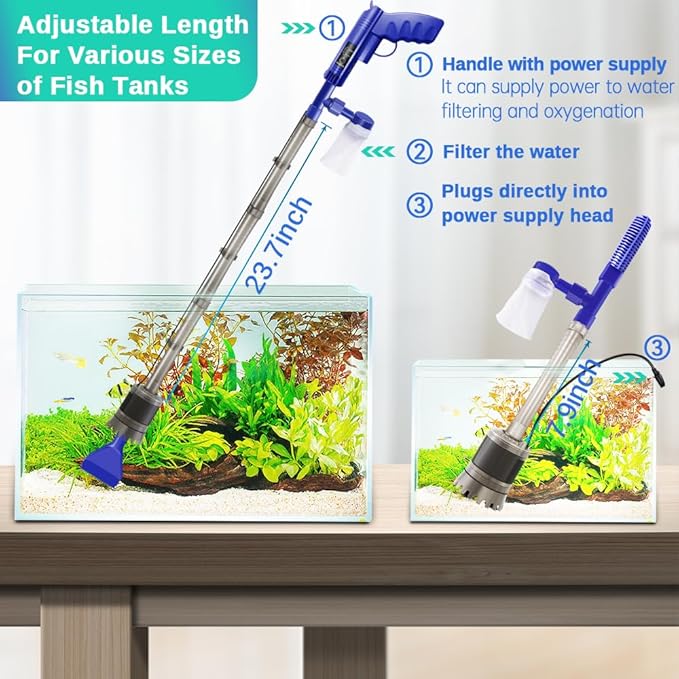 Electric Aquarium Gravel Cleaner for Fish Tank Cleaning Tools, 6in1 Automatic Gravel Vacuum for Aquarium, Portable Air Pump, Algae Scraper, Sand Washing, Water Change, Filter, Circulation 5V/4W