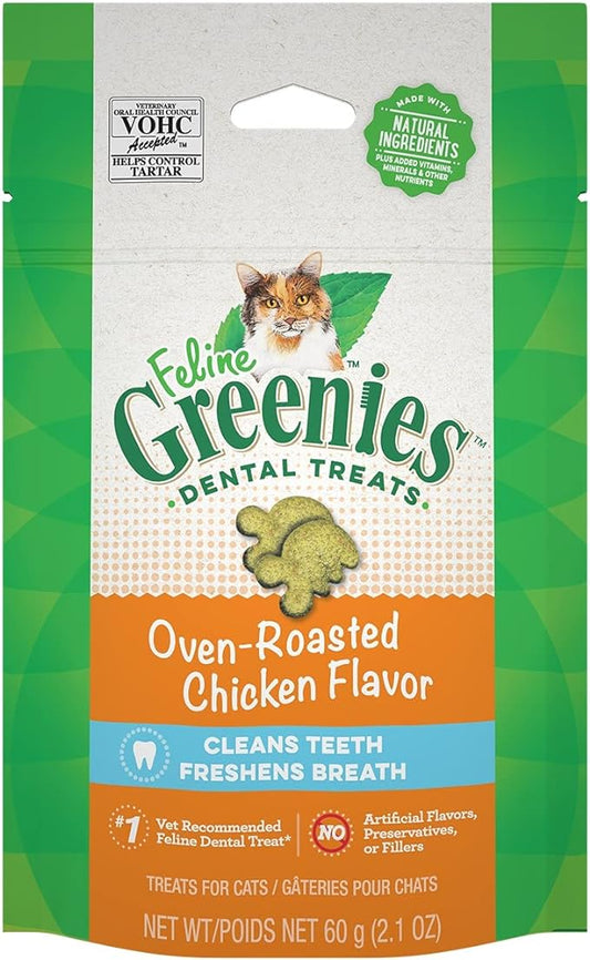 FELINE GREENIES Natural Dental Care Cat Treats Oven Roasted Chicken Flavor, 2.5 oz. Pouch