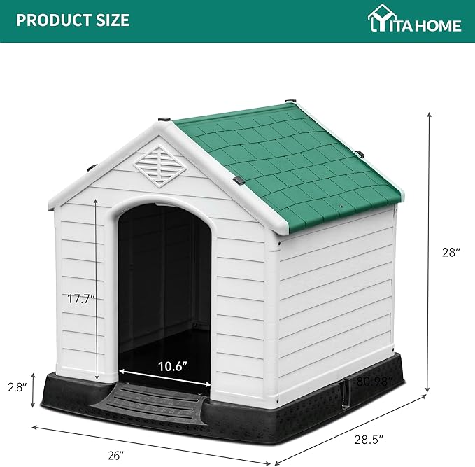 YITAHOME 28.5'' Plastic Dog House Outdoor Indoor Doghouse Puppy Shelter Water Resistant Easy Assembly Sturdy Dog Kennel with Air Vents and Elevated Floor (28.5''L*26''W*28''H, Green)