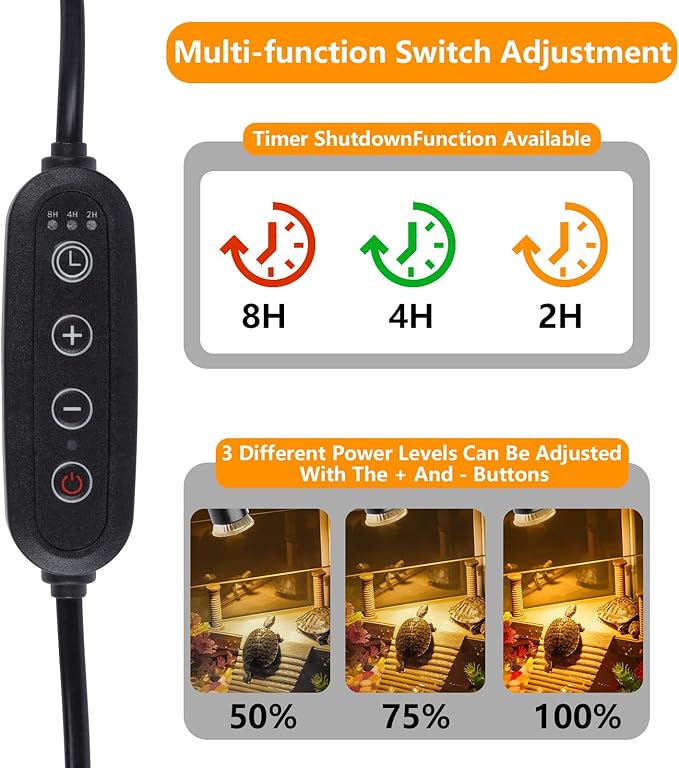 Reptile Heat Lamp with Clamp (Cycle Timer), Turtle UVA UVB Light Bulb-2 Pack 50W, 360°Rotatable Basking Lamp for Tortoise, Lizard, Beared Dragon