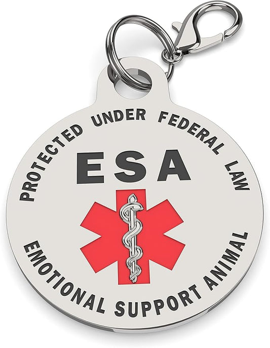 DOUBLE SIDED Small Breed Emotional Support Animal ESA Tag Red Medical Alert Symbol and Protected by Federal Law .999 inch ID Tag. Easily switch between collars harness and vest.