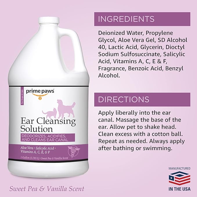 Ear Cleansing Solution for Dogs & Cats - Deodorizing Dog Cleaner with Aloe Vera Vitamins Professional Pet Flush Cleans Acidifies Canal Complete Care 1 gal, White (PRIM1059)