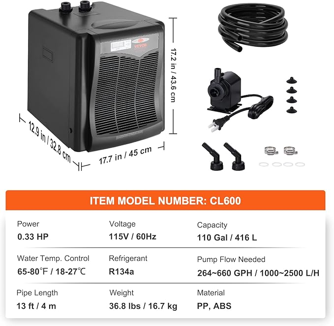 VEVOR Aquarium Chiller, 110 Gal 416 L, 1/3 HP Hydroponic Water Chiller, Quiet Refrigeration Compressor for Seawater and Fresh Water, Fish Tank Cooling System with Pump/Hose, for Jellyfish, Coral Reef