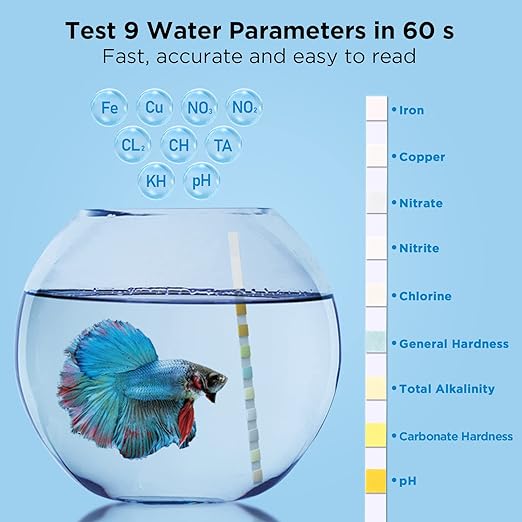 9 in 1 Aquarium Test Strips - 100 Strips Aquarium Water Test Kits for Freshwater Saltwater - Testing for Iron, Copper, Nitrite, Nitrate, pH, GH & KH, Chlorine, Total Alkalinity