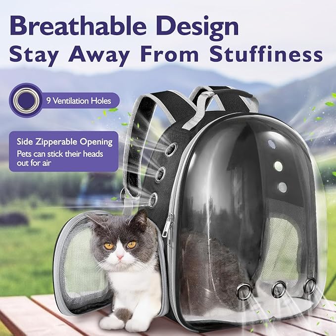 Pawaboo Cat Backpack Carrier, Pet Bubble Carrying Bag for Small Medium Kitty Puppy, Transparent Cat Space Capsule Backpack Airline Approved, Breathable Cat Travel Bag for Hiking Walking Camping, Black