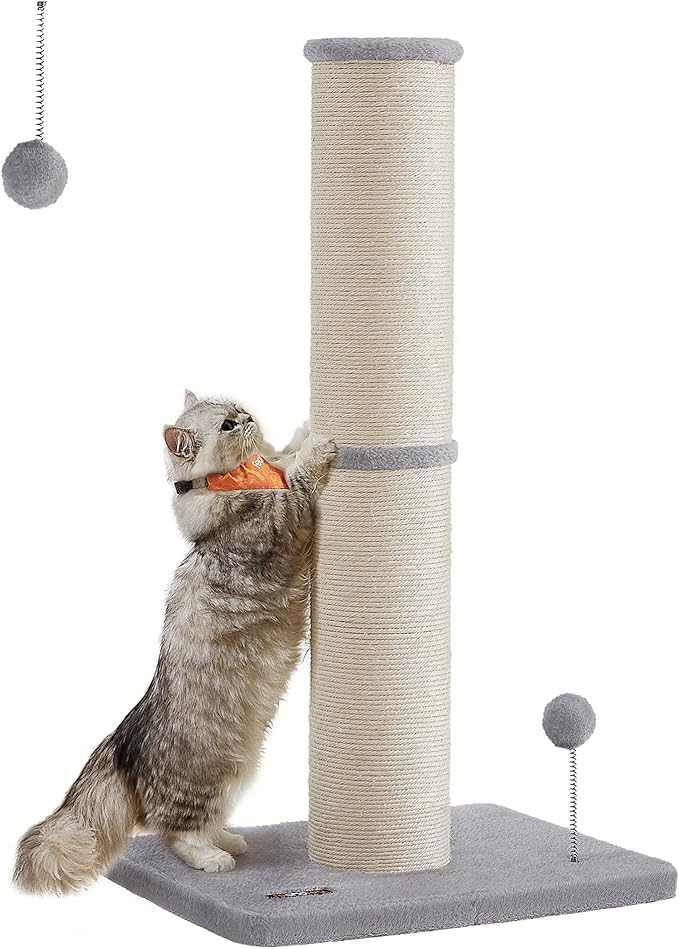 Feandrea Cat Scratching Post, 33.5-Inch Tall Cat Scratcher for Medium and Large Cats, Sisal Scratch Pole, Spring Pompom with Built-in Bell, Dove Gray UPCA041G01