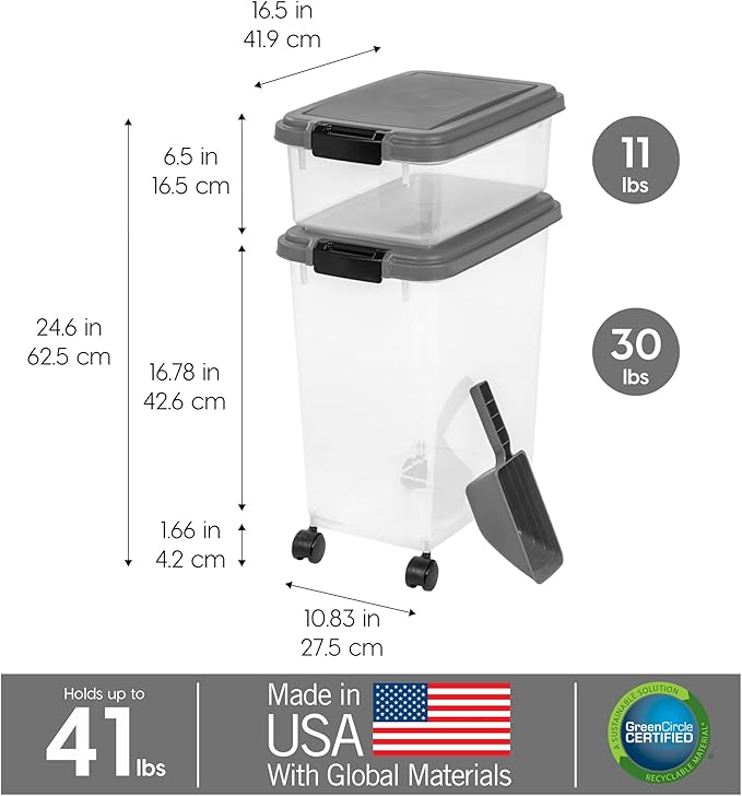 IRIS USA 30 lbs & 11 lbs Combo Airtight Dog Food Storage Container, Stackable Treat Box, 2-Cup Scoop, Wheels, Keep Fresh, Easy Mobility, Dark Gray