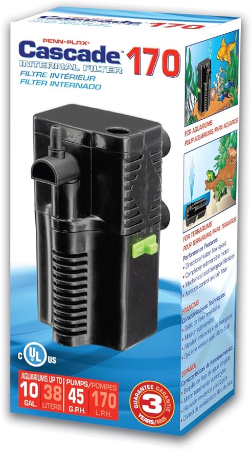 Penn-Plax Cascade 170 Fully Submersible Internal Filter – Provides Physical and Biological Filtration for Freshwater Aquariums, Nano Tanks, Turtle Tanks, and Terrariums