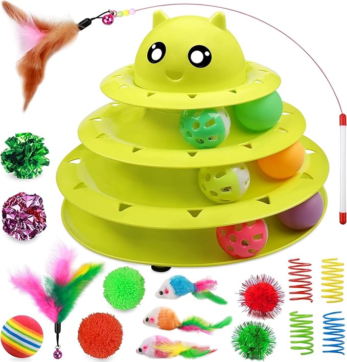 UPSKY 20 PCS Cat Toys, Cat Roller Toy 3-Level Turntable Cat Toys Balls for Indoor Cats, Kitten Toys Set with Cat Teaser Toys, Mice Toys, Spring Toys, and Various Ball Toys.