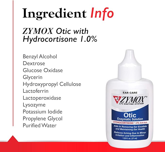 Zymox Otic Enzymatic Solution for Dogs and Cats to Soothe Ear Infections with 1% Hydrocortisone for Itch Relief, 1.25oz