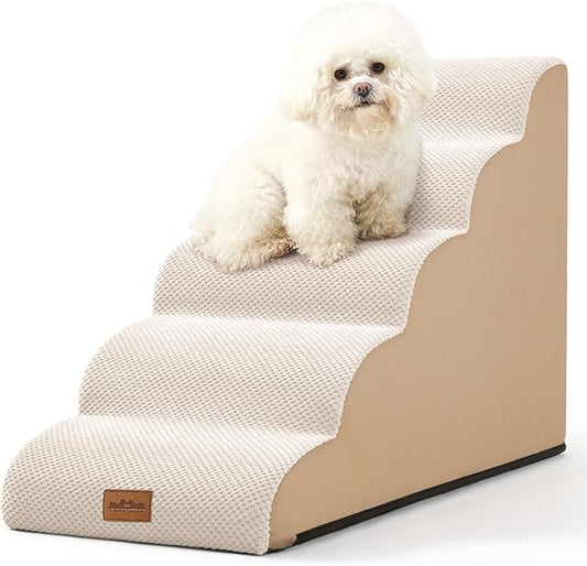 Dog Stairs for High Bed 23" H, Small Dogs Ramp with Leakproof Fabric Cover, Foam Pet Steps for Cat or Couch, Lightweight, Non-Slip, Durable, Comfort, 15.7x33x22.6in, Light Khaki, 5 Tiers