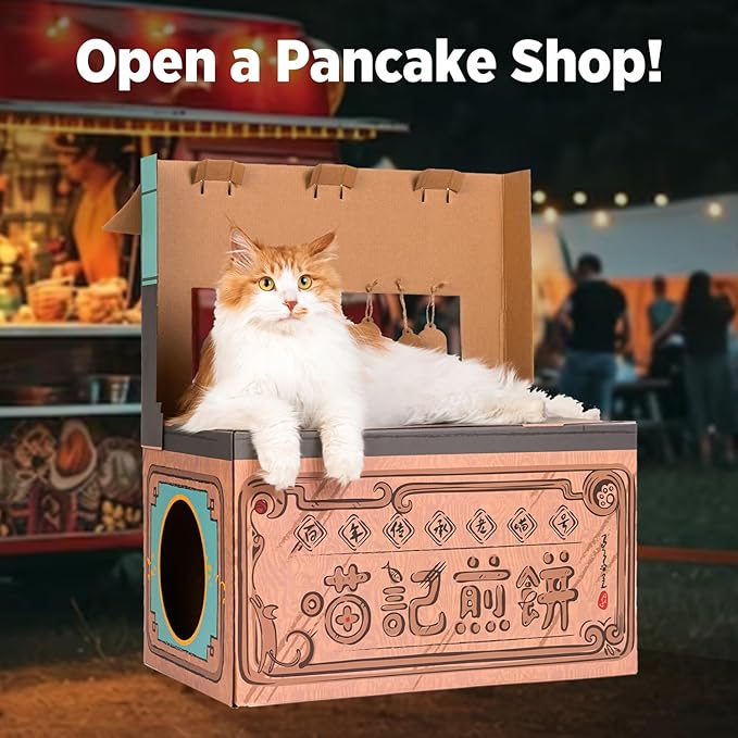 Cat Beds for Indoor Cats, Cardboard Cat House with Scratchers, Pancake Shop, Large Sturdy Cat Furniture Condo Cave Tent, Easy to Assemble Pet Toys Accessories Stuffs, Bunny Small Animals