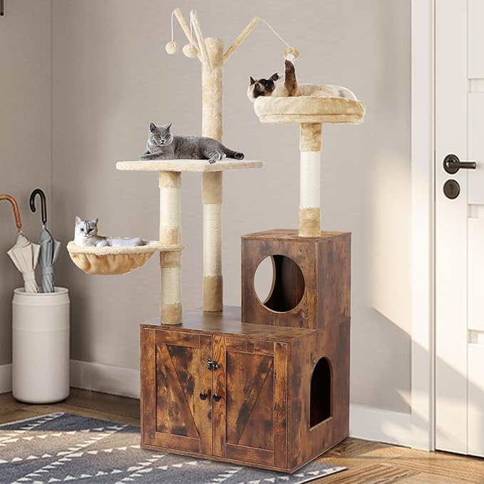 Litter Box Enclosure with Cat Tree, Wooden Cat House with Cat Tree Tower, Hidden Cat Litter Box Furniture with Scratching Post, Modern Cat Condo, Rustic Brown