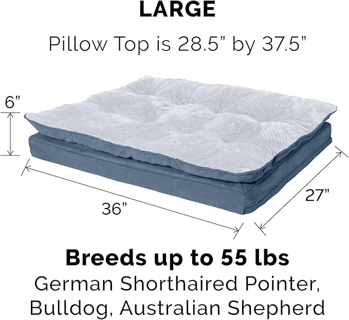 Furhaven Orthopedic Dog Bed for Large/Medium Dogs w/ Pillow Cushion Top & Removable Washable Cover, For Dogs Up to 55 lbs - Minky Plush & Suede Pillow Top Mattress - Stonewash Blue, Large