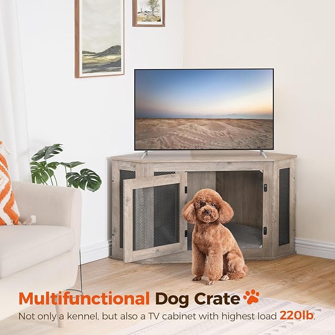 Corner Dog Crate Furniture, Wooden Dog Kennel End Table, Decorative Pet Crate Indoor Use, Furniture Style Dog House for Small Medium Dog, Dog Cage TV Stand, Greige and Black DCHG0801