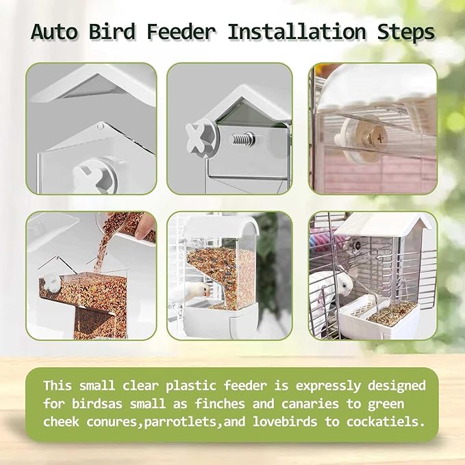 Automatic Bird Feeder for Cage 5Pcs No Mess Parrot Feeder Transparent Acrylic Seed Food Container Cage Accessories with Ball Toy for Small and Medium Parakeets Lovebirds (White)