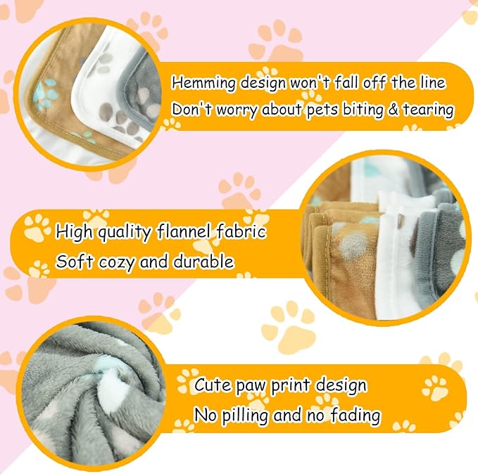 Dog Blankets (30x20 inch, 3 Pack) - Soft Fleece, Washable, Cute Paw Print, for Medium Dogs, Pet Blanket for All Pets
