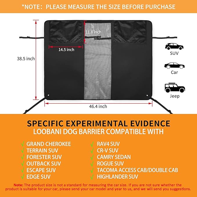 LOOBANI Dog Car Barrier 46‘’ Wide with Adjustable Rope and Storage Bag, Universal for Cars and Suvs, Designed to Prevent Pets and Children from Interfering with Safe Driving