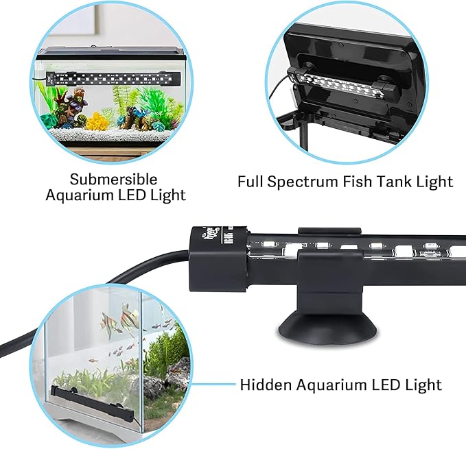 hygger 24/7 Mode Submersible Aquarium LED Light, Full Spectrum Hidden Fish Tank Light with 3 Rows Beads 7 Colors Auto On Off Sunrise-Daylight-Moonlight, Adjustable Timer Brightness 10W