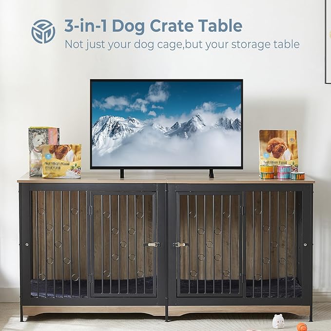 71'' Dog Crate Furniture for 2 Dogs, Wooden Double Dog Crate Large Breed with Cushion, XXL Indoor Dog Kennel TV Stand End Table with Divider for Large Medium Dogs, Grey
