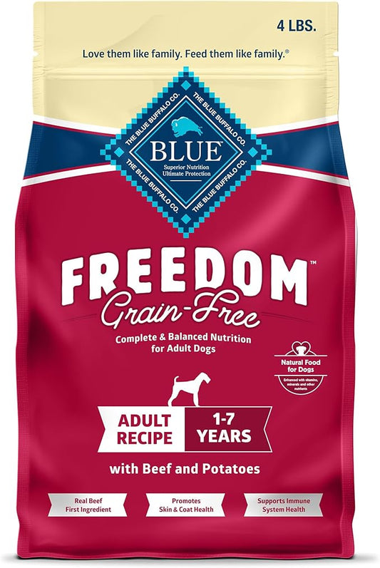 Blue Buffalo Freedom Grain-Free Dry Dog Food, Complete & Balanced Nutrition for Adult Dogs, Made in the USA With Natural Ingredients, Beef & Potatoes, 4-lb. Bag