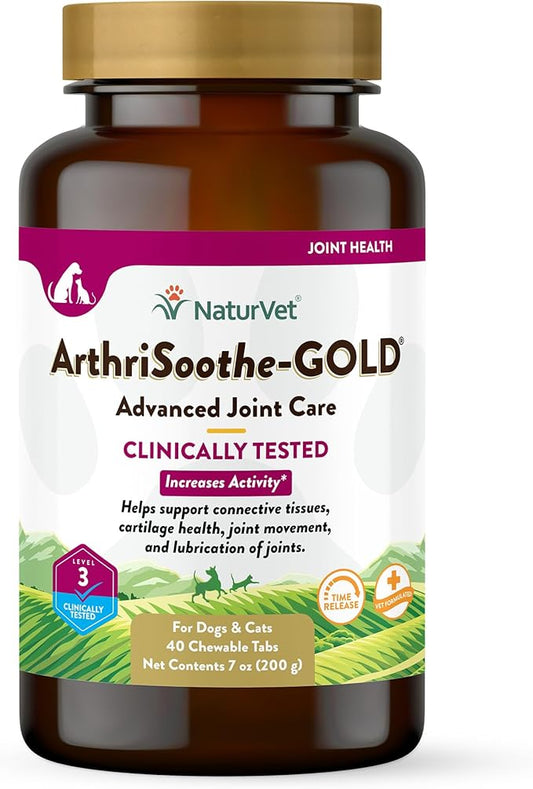 NaturVet ArthriSoothe-Gold Level 3, MSM and Glucosamine for Dogs and Cats, Advanced Joint Care Support Supplement with Chondroitin and Omega 3, Clinically Tested, Chewable Tablets, Made in The USA