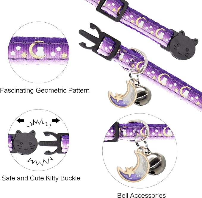 2 Pack Breakaway Cat Collar with Bells,Adjustable Moon and Star Kitten Safety Collars for Boys & Girls,Purple+Pink