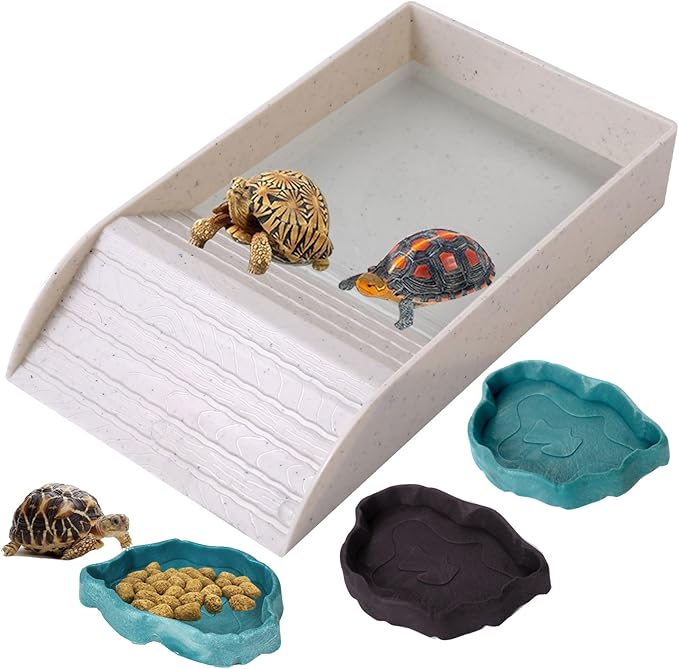 3pcs Tortoise Water Dish with Ramp Turtle Food Water Bowls Rock Reptile Water Dish Tortoises Habitat Accessories Turtle Reptile Bathing Pool (Grey)