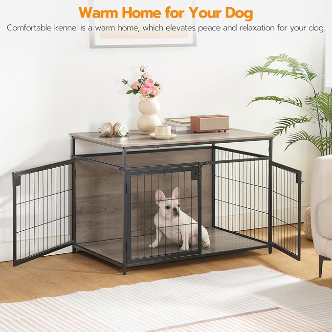 HOOBRO Dog Crate Furniture, 3 Doors Wooden Dog Crate Table, Indoor Dog Kennel Furniture for Medium/Large Dog, Side End Table, Chew-Resistant Dog House, Rustic Brown and Black BG93GW03