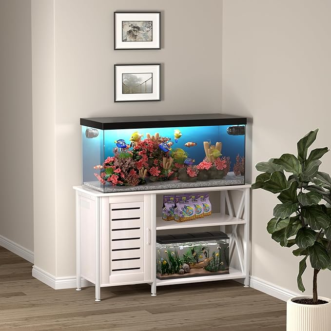 55-75 Gallon Fish Tank Stand, Aquarium Stand with Power Outlets and Cabinet for Fish Tank Accessories Storage, Heavy Duty Metal Frame, 52" L*19.68" W Tabletop, 1200LBS Capacity, White PG05YGW