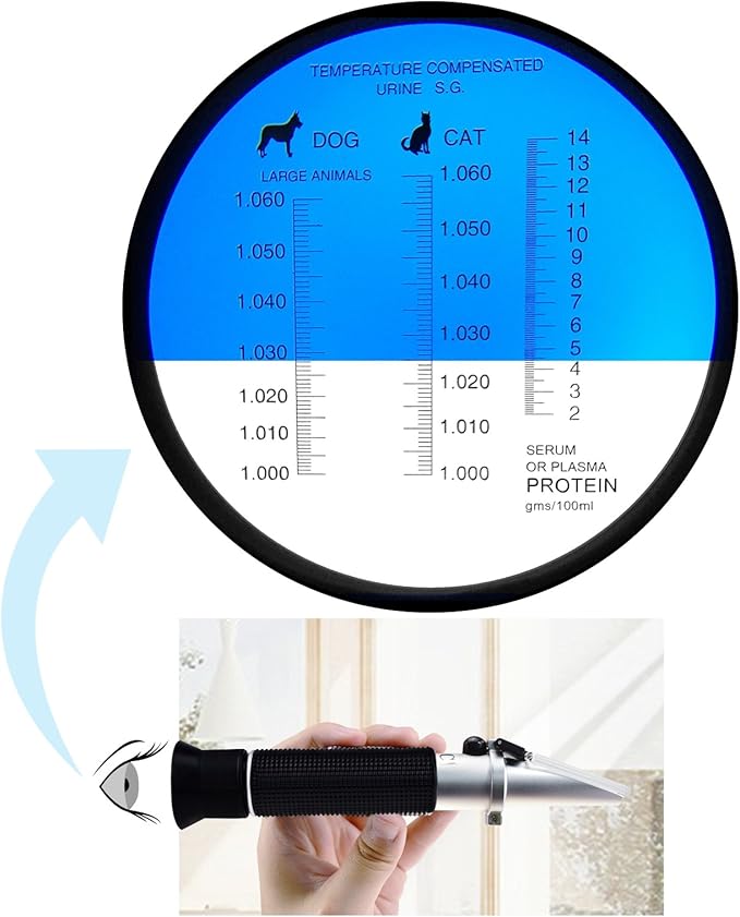 Clinical Refractometer with ATC, Tri-Scale Serum Plasma Protein Test 2-14g/dl Urine Specific Gravity 1.000-1.060SG, for Veterinary Vet Cat Dog Pets