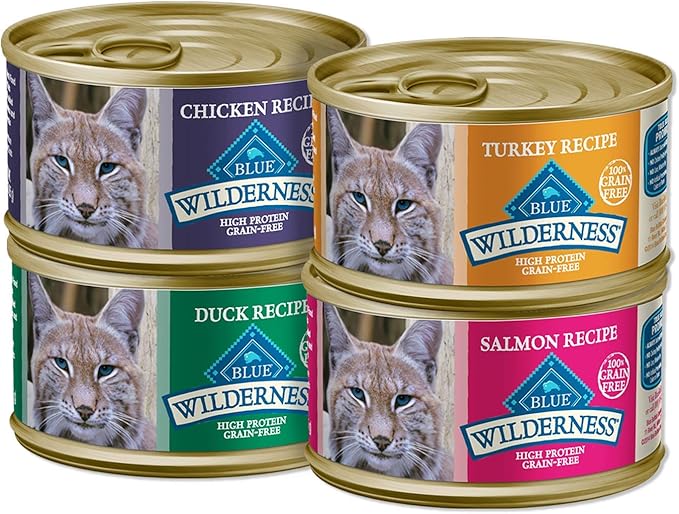 Blue Buffalo Wilderness High Protein Grain Free, Natural Adult Pate Wet Cat Food Variety Pack, Chicken, Salmon, Duck, and Turkey, 3-oz Can, 24 Count