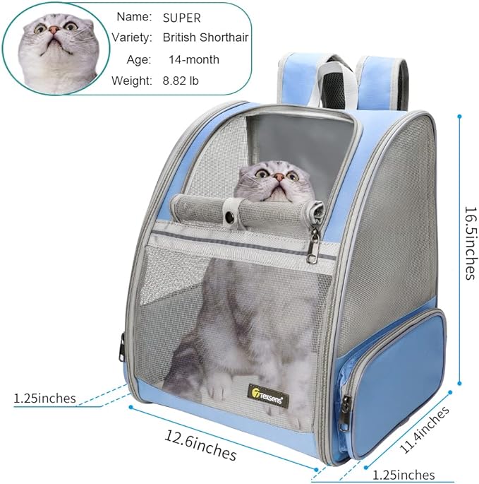 Texsens Pet Backpack Carrier for Small Cats Dogs | Ventilated Design, Safety Straps, Buckle Support, Collapsible | Designed for Travel, Hiking & Outdoor Use (Blue)