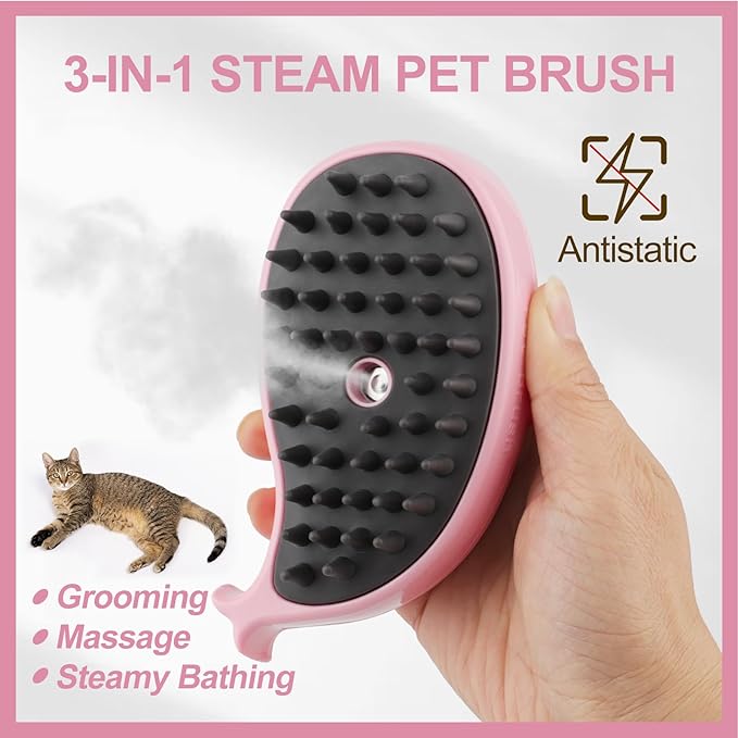 Cat Steam Brush, 3 in 1 Cat Steamy Brush, Silicone Massage Grooming Brush, Pet Hair Self Cleaning Brush Comb for Cats Dogs(Pink Whale)