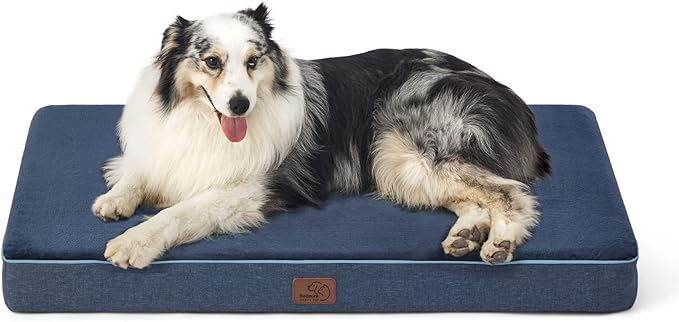 Bedsure Memory Foam Dog Bed for Large Dogs - Orthopedic Waterproof Dog Bed for Crate with Removable Washable Cover and Nonskid Bottom - Plush Flannel Fleece Top Pet Bed, Navy