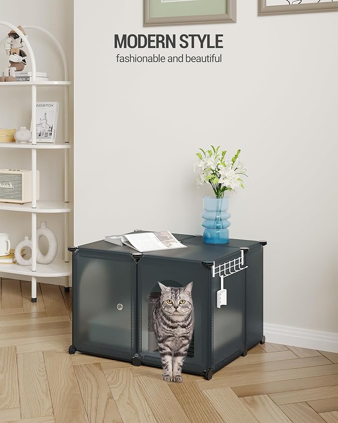 Cat Litter Box Enclosure with Hooks, Plastic Covered Little Box with Mat, Splash Proof Litter Box Furniture, 23.7 x 18.5 x 16.1 inches, End Table for Living Room, Gray CB81899GY