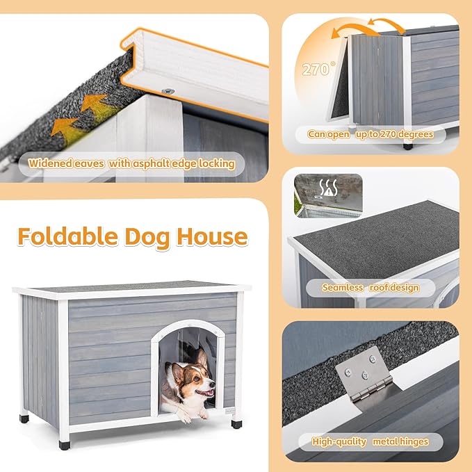 Petsfit 40.2" Dog house, Outside Dog House Weatherproof, No Tools Required Assembly, Folding Dog House Outdoor, Unfold to Use, Outdoor Dog House with Door Flap (Medium, Grey)